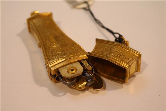 A group of three gilt metal etuis and a parcel gilt silver and ivory pendant notebook, cover various dates, largest 7.25in.